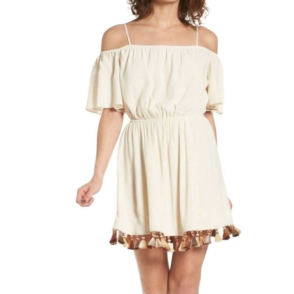 Tularosa Dress Women's Small Beige Fiesta Tassel Cold Shoulder Mini Boho - Picture 1 of 6